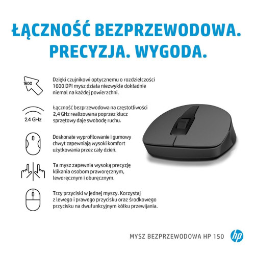 Mysz HP 150 Wireless Mouse bezprzewodowa czarna 2S9L1AA-10014587