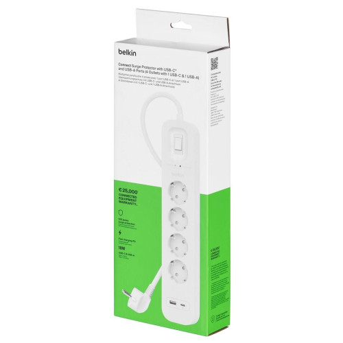 Listwa zasilająca Belkin Power Surge 4-PORT + 1xUSB-A +1xUSB-C 2.4A PD 525J 2m White Schuko-10064250