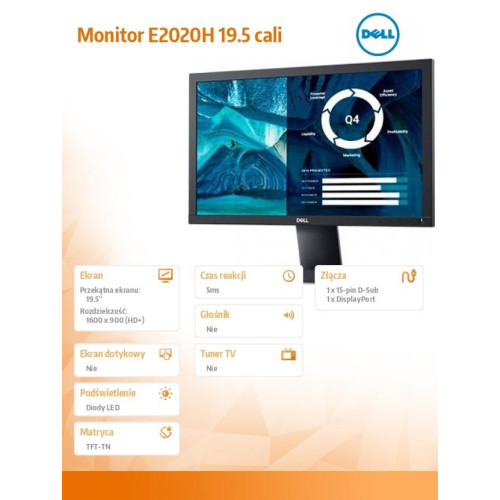 Monitor E2020H 19.5 cali LED TN (1600x900) /16:9/VGA/DP 1.2/3Y PPG-1014334