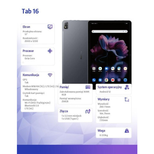 Tablet TAB16 8/256GB 7680 mAh 11 cali szary-10160170