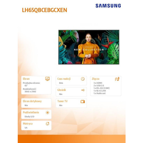 Monitor profesjonalny QB65C 65 cali Błyszczący 16h/7 350(cd/m2) 3840x2160 (UHD) S10 Player (Tizen 7) WiFi/BT 3 lata On