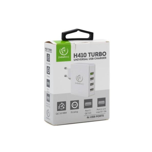 Łarowarka sieciowa H410 TURBO QC3.0 4 porty Wejście sieciowe 100-240V 50/60Hz, maksymalny pobór prądu 0,7A, jeden po