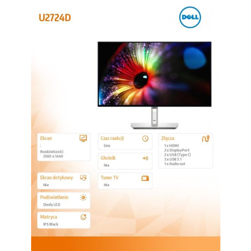 Monitor U2724D 27 cali IPS LED QHD(2560x1440)/16:9/HDMI/DP/USB-C/USB/3Y -10163702
