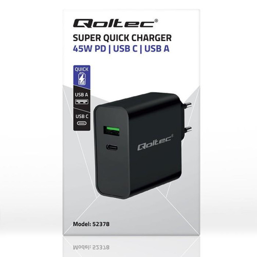 Ładowarka Super Quick PD | 1xUSB-C | 1xUSB | 45W | 5-20V | 2.25-3A | Czarna-10163724