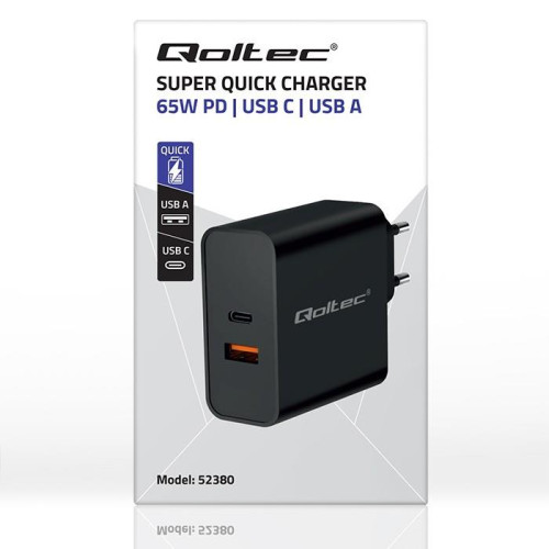 Ładowarka Super Quick PD | 1xUSB-C | 1xUSB | 65W | 5-20V | 1.5-3.25A | Czarna-10163730