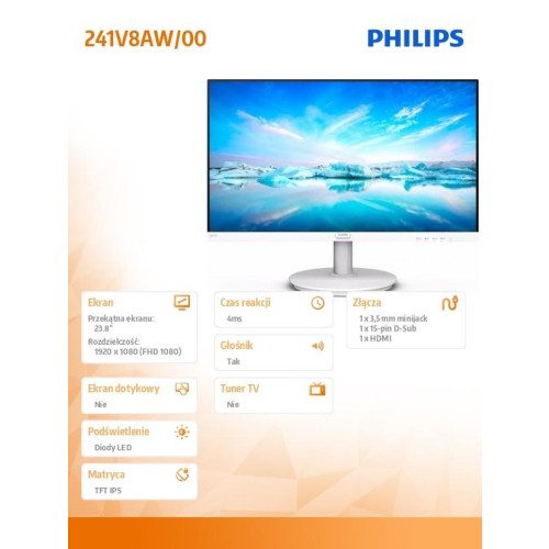 Monitor 241V8AW 23.8 cala IPS HDMI Głośniki Biały -10165440