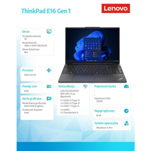 Notebook ThinkPad E16 G1 21JN005VPB W11Pro i3-1315U/8GB/512GB/INT/16.0 WUXGA/3YRS OS + 1YR Premier Support -10165484
