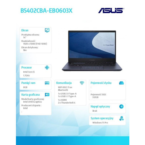 Notebook B5402CBA-EB0603X i5 1240p 8GB/512GB/14 cali/Windows11Pro -10166044