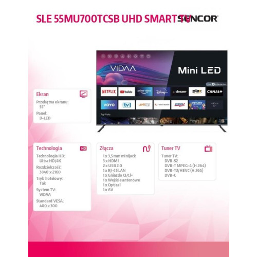 Telewizor Smart 4K SLE 55MU700TCSB Mini LED SMART VIDAA Bluetooth-10167236