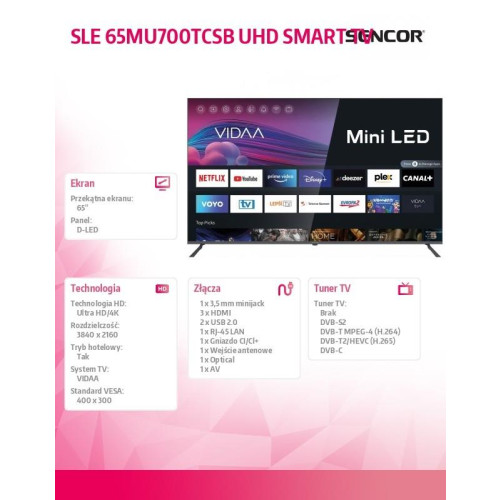 Telewizor Smart 4K SLE 65MU700TCSB Mini LED SMART VIDAA Bluetooth-10167242