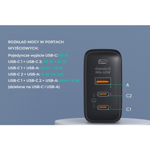 PA-B6T Black Omnia II GaN ładowarka sieciowa 3xUSB (2xUSB C+ 1xUSB A) 65W QC PD-10167340