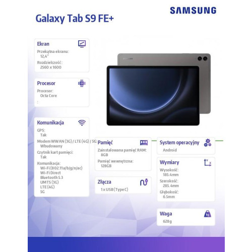 Tablet Galaxy Tab S9 FE+ X616 12.4 cala 5G 8/128 GB Szary -10325660