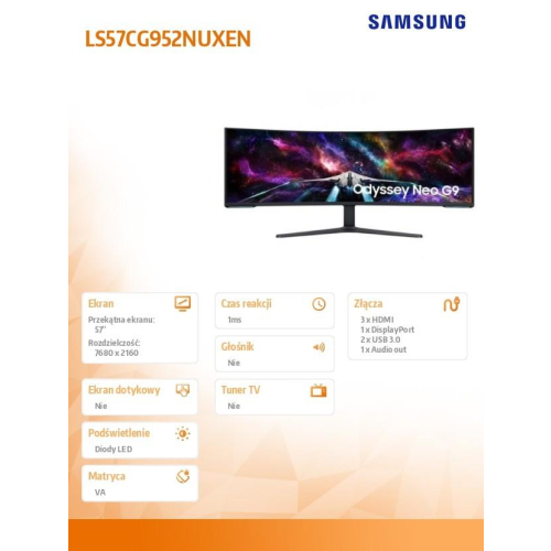 Samsung Monitor 57 cali G95NC VA 7680x2160 DUHD 32:9 3xHDMI 1xDP 2xUSB 3.0 KVM 1ms 240Hz HAS Gaming zakrzywiony 3Yd2d-10