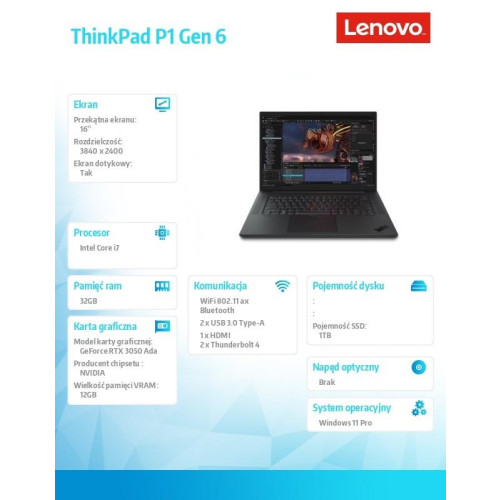 Notebook ThinkPad P1 G6 21FV000HPB W11Pro i7-13800H/32GB/1TB/RTX3500 12GB/16.0 WQUXGA/Touch/3YRS Premier Support -10326401