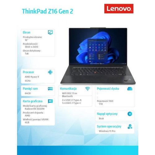 Laptop ThinkPad Z16 G2 21JX000TPB W11Pro 7940HS/64GB/1TB/AMD Radeon/16.0 WQUXGA/Touch/Arctic Grey/3YRS Premier Support + CO2 Offset -10327203