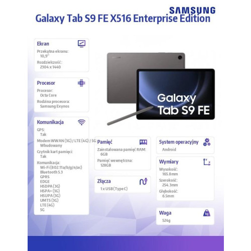 Tablet Galaxy Tab S9 FE (10.9 cala, 6+128GB S pen, 5G) Enterprise Edition Szary-10548318