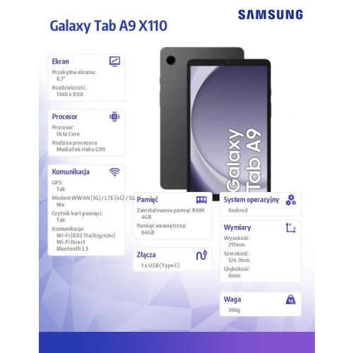 Tablet Galaxy Tab A9 X110 8,7 cala Wifi 4/64GB Szary -10548320