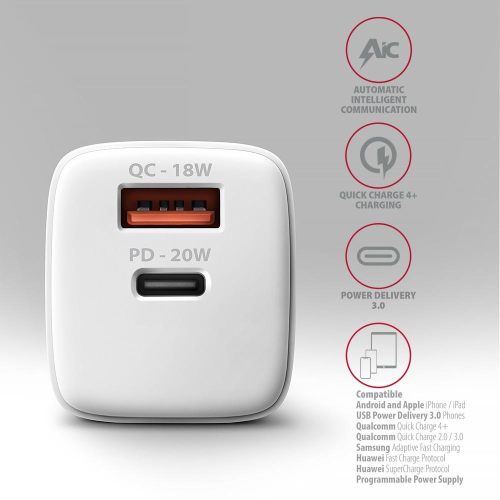 ACU-PQ20W Ładowarka sieciowa 20W QC3.0/AFC/FCP + PD type-C Biała-10548481