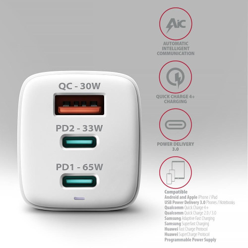 ACU-DPQ65W Ładowarka sieciowa GaN 65W, 3x port (USB-A + dual USB-C) PD3.0/QC4+/PPS/Apple, biała-10548499