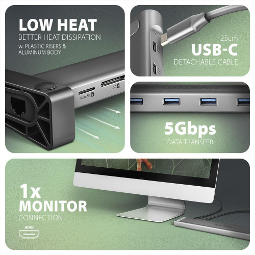 HMC-10HLS Wieloportowy hub USB 9in1, 5Gbps, 4x USB-A, HDMI 4K/60Hz, GLAN, SD/microSD, PD 100W, 25cm USB-C kabel-10548516