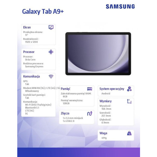 Tablet Galaxy Tab A9+ 11.0 cali 5G 8/128 GB Szary-10549282
