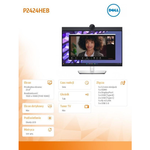 Monitor P2424HEB 23.8 cala LED IPS Full HD (1920 x1080)/16:9/HDMI/DP/ RJ-45/Kamera/Głośniki/Mikrofon/3YPPG-10551144