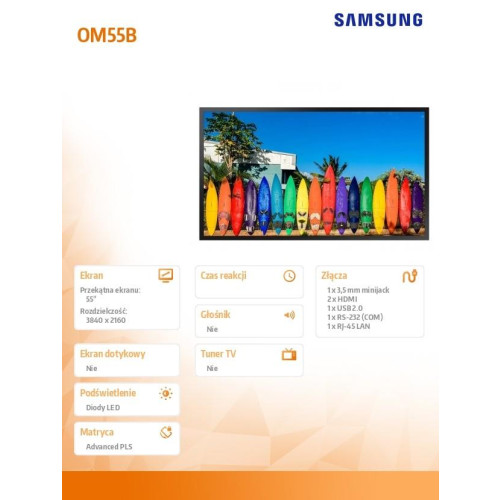 Monitor profesjonalny OM55B 55 cali Błyszczący 24h/7 3000(cd/m2) 3840x2160 (UHD) S7 Player (Tizen 5.0) Wi-Fi 3 lata On