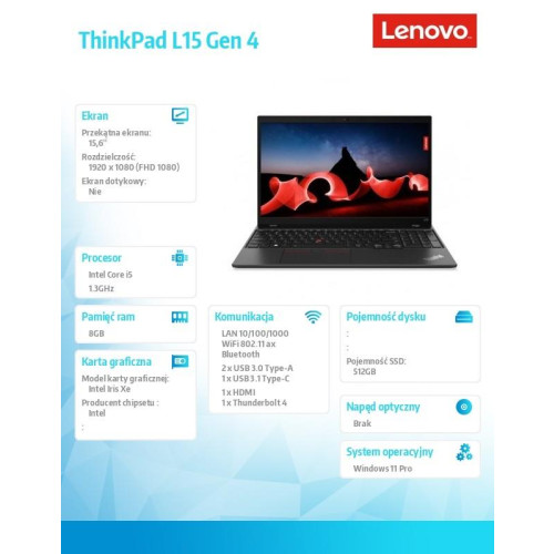 Laptop ThinkPad L15 G4 21H3002UPB W11Pro i5-1335U/8GB/512GB/INT/15.6 FHD/Thunder Black/1YR Premier Support + 3YRS OS -10633327