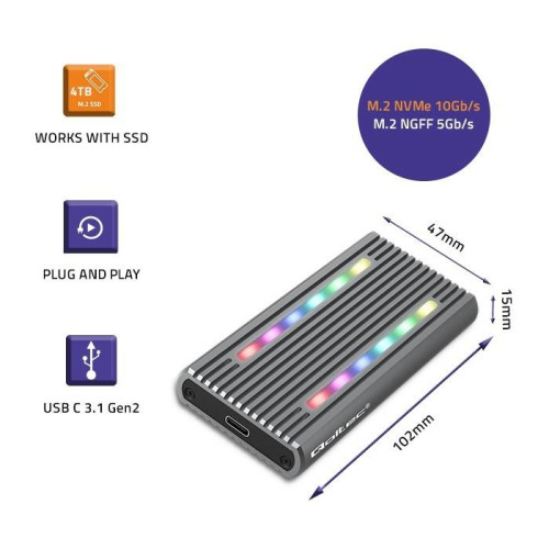QOLTEC OBUDOWA NA DYSK M.2 SSD | SATA | NVME | RGB LED | USB-C | 4TB-10689703