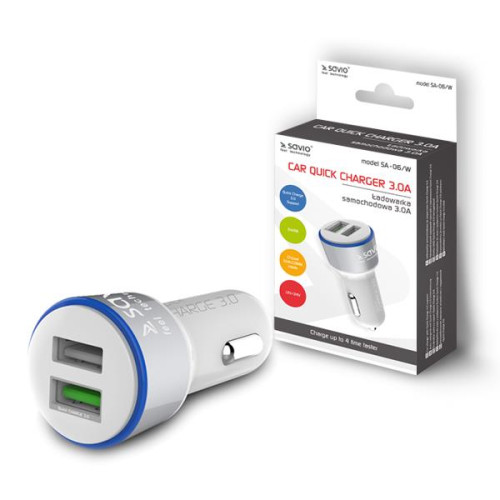Ładowarka samochodowa do smartfona SAVIO Quick Charge 3.0 SA-06/W (2400 mA, 3000 mA; USB)-1074855