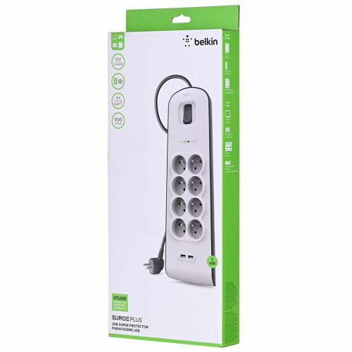 Listwa zasilająca Belkin Power Surge 8-PORT + 2xUSB-A 18W 900J 2m Grey/White-10867991