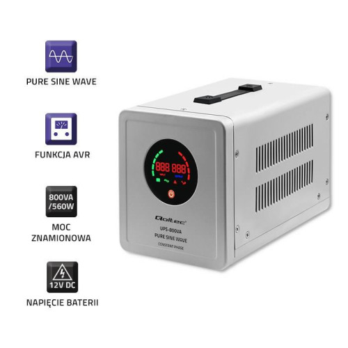 Qoltec Zasilacz awaryjny Pure Sine Wave UPS | 800VA | 560W | Stała faza | Szary-10931752