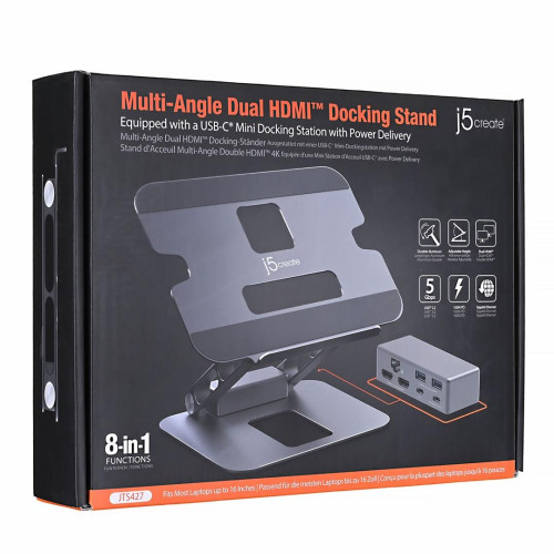 Podstawka ergonomiczna do notebooka ze stacją dokującą j5create Multi-Angle Dual HDMI Docking Stand USB-C 2xHDMI/2xUSB 3.1/1xUSB-C/1xRJ45 Gigabit; kolor srebrny JTS427-N-10935688