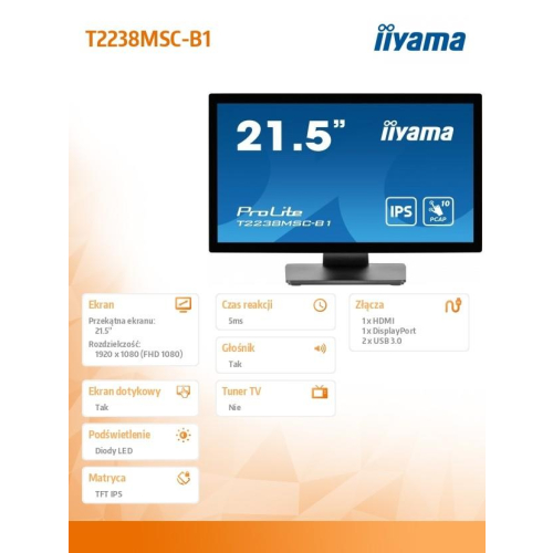Monitor 22 cale T2238MSC-B1 IPS,FHD,DP,HDMI,2x2W,2xUSB,600(cd/m2), 10pkt.7H,IP1X(FRONT),PION/POZIOM-10962356