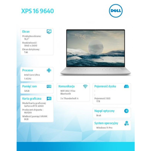 Notebook XPS 16 9640/Ultra 7 155H/32GB/1TB SSD/16.3 UHD+ Touch/GeForce RTX 4060/WLAN + BT/Backlit Kb/6 Cell/W11Pro-10962