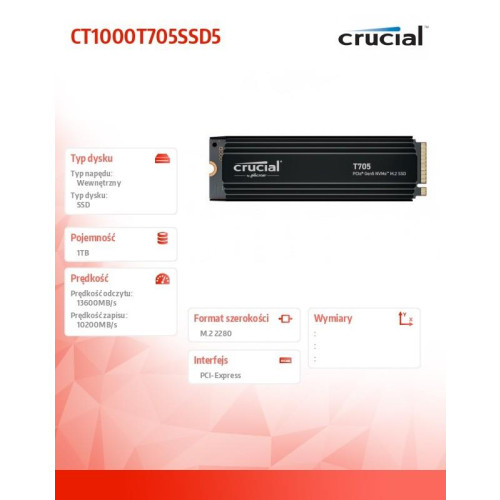 Dysk SSD T705 1TB M.2 NVMe 2280 PCIe 5.0 13600/10200 radiator-10963150