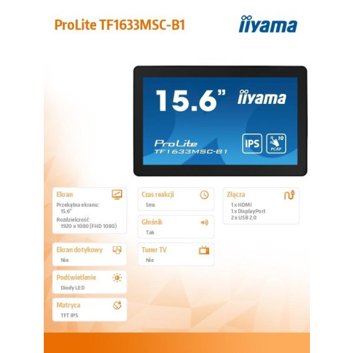 Monitor 15.6 cala ProLite TF1633MSC-B1 IPS,poj.10pkt.450cd,IP54-10963471