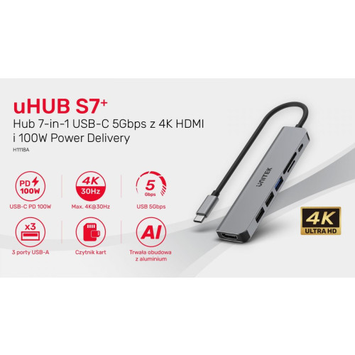 HUB USB-C 7w1 Aluminium PD 100W ; 5 Gbps ; HDMI 4K-10964173