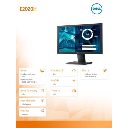 Monitor E2020H 19.5 cali LED TN (1600x900) /16:9/VGA/DP 1.2/5Y PPG-1124973