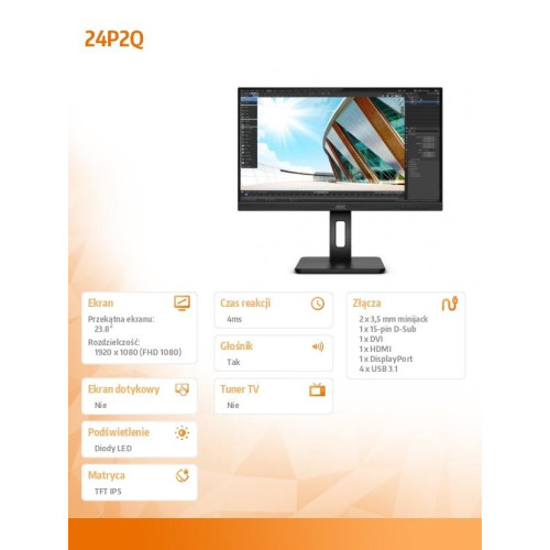 Monitor 23.8 cali 24P2Q IPS DP DVI HDMI USB Pivot-1129836