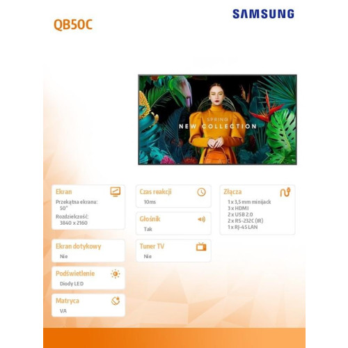 Monitor profesjonalny QB50C 50 cali Błyszczący 16h/7 350(cd/m2) 3840x2160 (UHD) S10 Player (Tizen 7, VXT Ready) WiFi/B