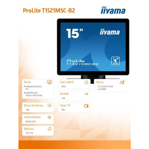 Monitor 15 cali T1521MSC-B2 POJEMN.10PKT.TN,7H,IP65(front),VGA,HDMI,2x2W,4:3,VESA-11311762