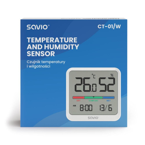 Czujnik temperatury i wilgotności, do użytku wewnętrznego, ekran LCD, zegar, data, uchwyt z magnesem, CT-01/W Biały-