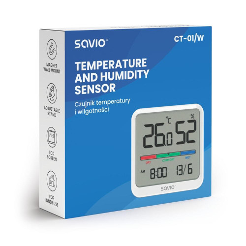Czujnik temperatury i wilgotności, do użytku wewnętrznego, ekran LCD, zegar, data, uchwyt z magnesem, CT-01/W Biały-