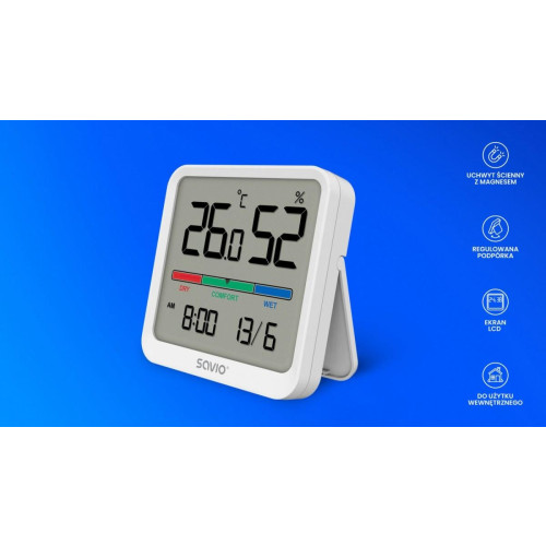 Czujnik temperatury i wilgotności, do użytku wewnętrznego, ekran LCD, zegar, data, uchwyt z magnesem, CT-01/W Biały-