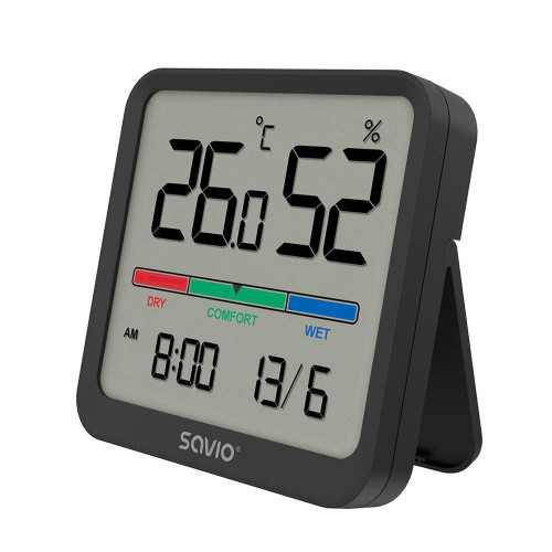 Czujnik temperatury i wilgotności, do użytku wewnętrznego, ekran LCD, zegar, data, uchwyt z magnesem, CT-01/B Czarny-