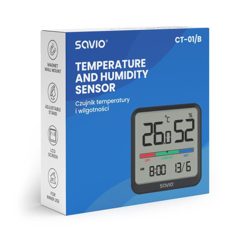Czujnik temperatury i wilgotności, do użytku wewnętrznego, ekran LCD, zegar, data, uchwyt z magnesem, CT-01/B Czarny-
