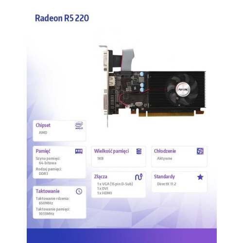 Karta graficzna Radeon R5 220 1GB DDR3 64Bit DVI HDMI VGA LP-11312318