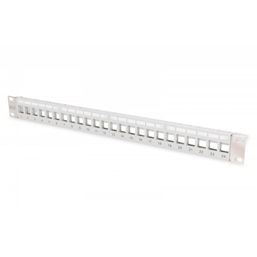 Panel krosowy (patch panel) modularny 19" 24 porty pod moduły keystone, 1U, ekranowany, prowadnica kabli, wymienne pola opisowe Szary