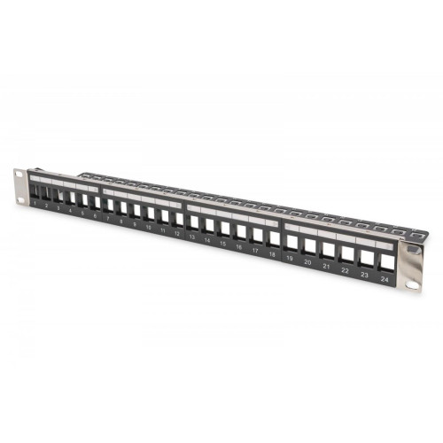 Panel krosowy (patch panel) modularny 19" 24 porty pod moduły keystone, 1U, ekranowany, prowadnica kabli, wymienne pola opisowe Czarny